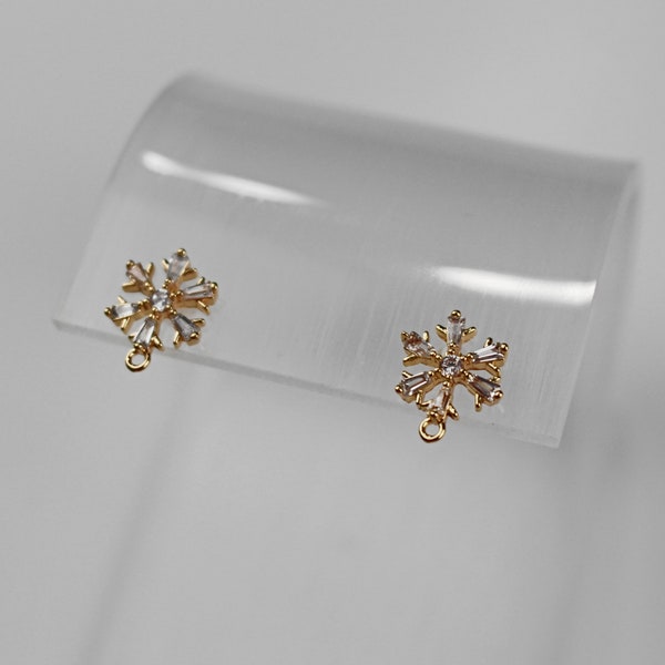 2pcs Real 18K Gold Plated Snowflake Earring Attachment, CZ Snowflake Earring Post, Nickel Free Earring Post, Christmas Jewelry, 11x8.5mm