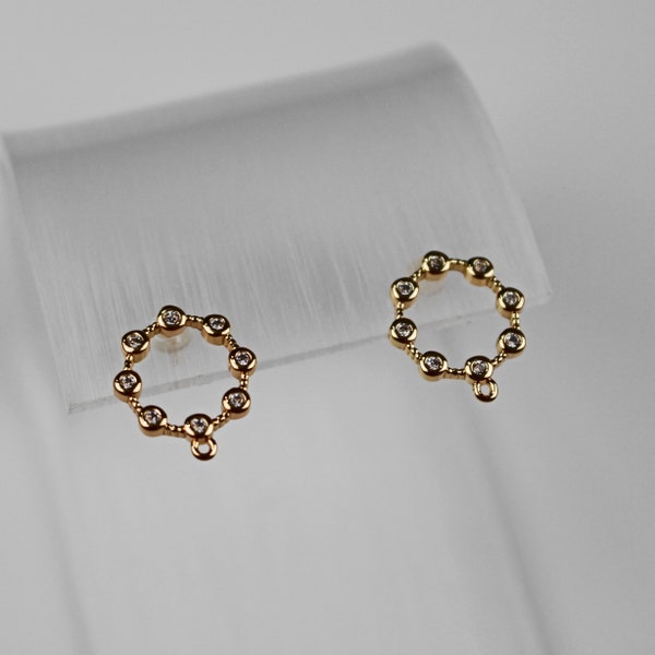 2pcs Real 18k Gold Plated Circle CZ Post, Earring Attachment, Gold and CZ Earring Post, Wholesale Jewelry Findings, Unique Earring Post,14mm