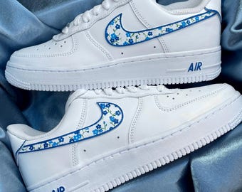 Custom Blue Flowers Nike Air Force 1 Sneakers | Hand-Painted