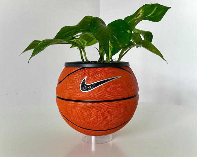 Orange Mini Basketball Planter on stand - standing basketball flower pot - hypebeast home decor - cool tiktok trend gift
