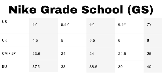 Nike grade school size chart deals