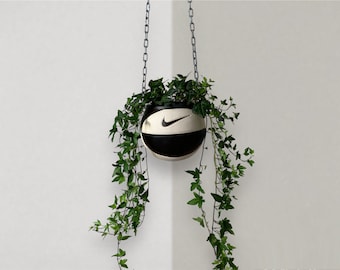 Black And White Mini Basketball Planter on chain - hanging basketball flower pot - hypebeast home decor - cool tiktok trend