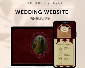 Burgundy Velvet Wedding Website Template – Editable Canva Design (Instant Download)