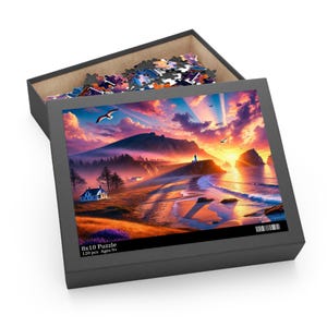 Sunset Lighthouse-puzzel (500, 252, 120 stukjes) Sereen kustlandschap met levendige kleuren en majestueus klifontwerp!