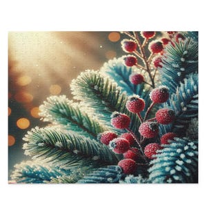 Frosty Winter Puzzle (500, 252, 120-piece) - Icy Pine Branches, Red Berries, and Cozy Holiday Glow Design!