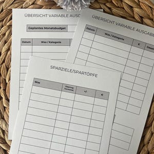 K&ouml;nnte beinhalten: Ein druckbarer Budgetplaner mit Abschnitten f&uuml;r variable Ausgaben, ein monatliches Budget und einen Spar-Tracker. Der Planer enth&auml;lt Spalten f&uuml;r Datum, Artikel, Kategorie und Betrag.