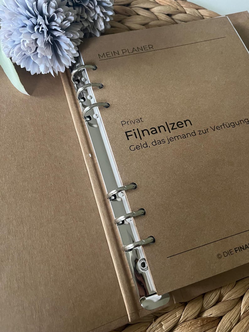 K&ouml;nnte beinhalten: Ein brauner Planer mit einem silbernen Ringbinder. Der Einband hat den Text "Mein Planer" und "Privat Finanzen Geld, das jemand zur Verf&uuml;gung." Der Planer liegt auf einer gewebten Oberfl&auml;che.