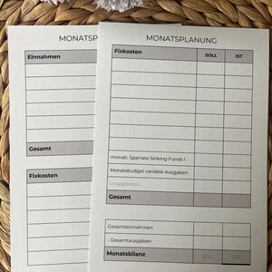 K&ouml;nnte beinhalten: Ein druckbarer Budgetplaner mit Abschnitten f&uuml;r monatliche Einnahmen, Fixkosten, variable Ausgaben und eine monatliche Bilanz. Der Planer enth&auml;lt &Uuml;berschriften f&uuml;r "Soll" und "Ist", was die deutschen W&ouml;rter f&uuml;r "soll" und "ist" sind.