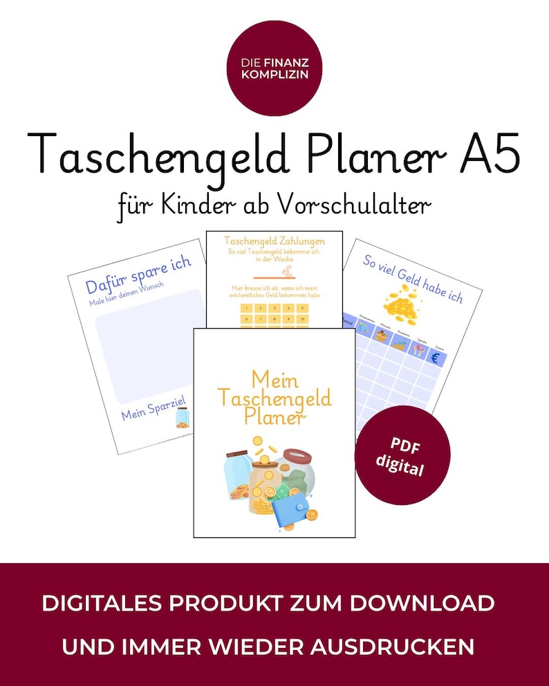 May include: A digital printable A5 planner for children to track their allowance. The planner features a colourful illustration of a jar filled with coins, a grid for recording allowance payments, and a space to write down savings goals.