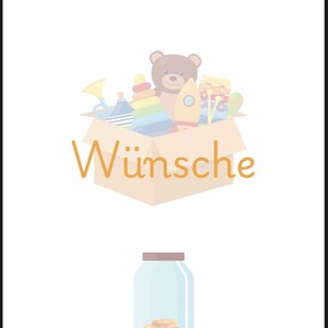 May include: A brown cardboard box with the word "W&uuml;nsche" written on it. The box is filled with toys, including a teddy bear, a rocket, a toy trumpet, and a stacking toy. A glass jar with a brown lid contains gold coins.