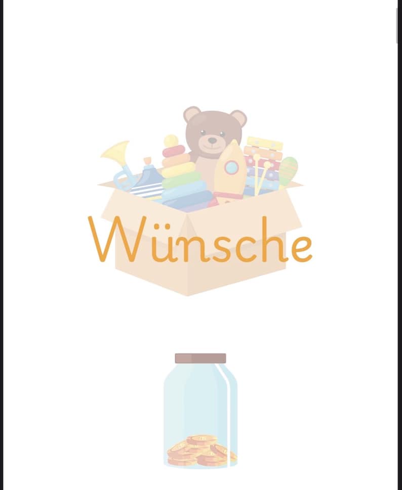 May include: A brown cardboard box with the word "W&uuml;nsche" written on it. The box is filled with toys, including a teddy bear, a rocket, a toy trumpet, and a stacking toy. A glass jar with a brown lid contains gold coins.