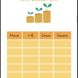 May include: A yellow and green chart with the title "Investieren" and columns labelled "Monat", "+", "Zinsen", and "Gesamt".