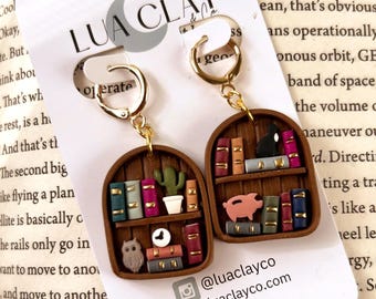 Bookshelf Earrings – Polymer Clay Book Lover Jewelry | Tiny Bookshelf Dangle Earrings | Animal Lover or Bookworm Gift