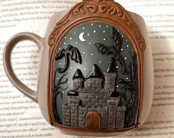 Moonlight Castle and Dragons Mug – Handmade Fantasy Polymer Clay Mug with Moonlit Sky, Flying Dragons & Medieval Castle | Book Lover Gift