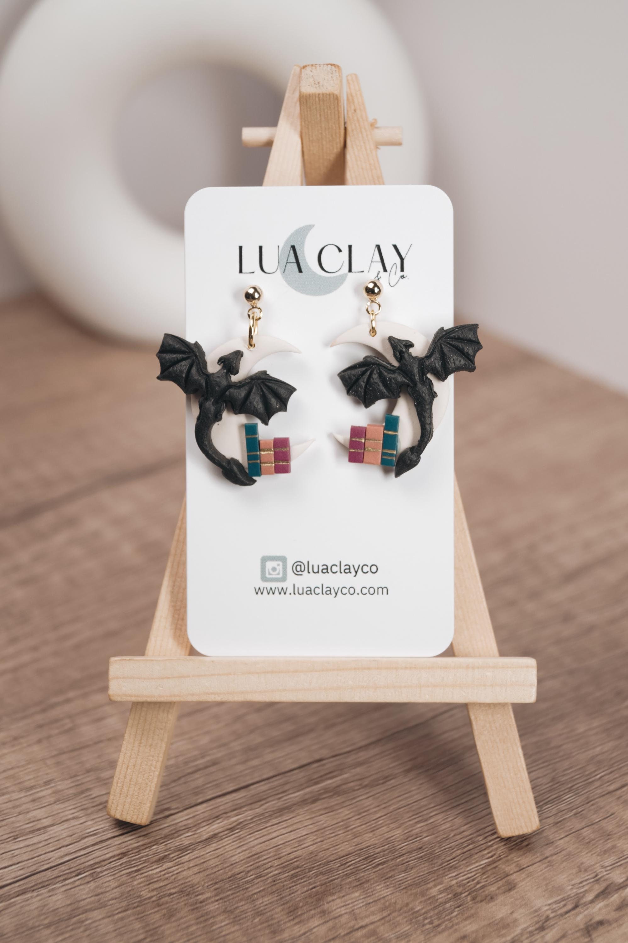 Handmade Dragon and Bookshelf Earrings | Moon and Fantasy Clay Earrings | Book Lover's Jewelry