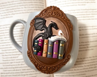 Fantasy Book Club Mug – Book Lover Gift, Dragon Mug, Polymer Clay Art Mug with Books and Coffee, Funny Cozy Nerdy Mug for Bookworms