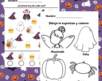 Utskrivbara Halloween förskola - Halloweenaktiviteter - Halloweenaktivitetsblad på spanska - Halloween förskolepaket.