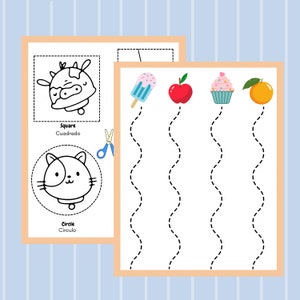 Puede incluir: Una hoja de trabajo imprimible para que los niños practiquen el trazado de líneas. La hoja de trabajo presenta una vaca, un gato, un helado, una manzana, un cupcake y una naranja. Las palabras "Square", "Cuadrado", "Circle" y "Circulo" están escritas en la hoja de trabajo.