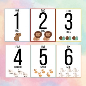 Puede incluir: Cartas de colores con los números del 1 al 6, cada una con una ilustración de animal diferente. Los números están escritos en inglés y español. Los animales incluyen un capibara, leones, caracoles, ovejas, zorros y focas.