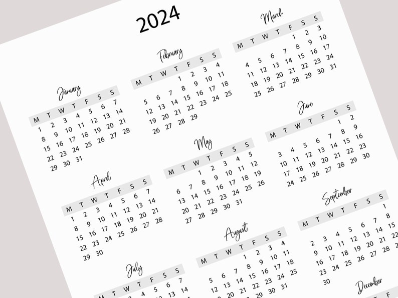 2024 Yearly Calendar Printable Vertical Calendar 2024 Etsy