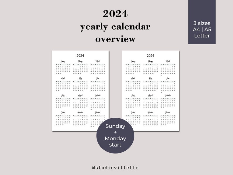 2024 Yearly Calendar Printable Vertical Calendar 2024 Etsy