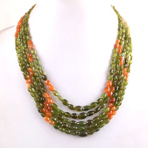 AAAA+Natural Vessonite Sapphire Faceted Oval Beads Necklace, Orange Sapphire Beads, Vessonite Sapphire Gemstone Beaded 5 Stand Necklace 18&#39;&#39;