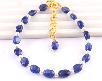 Contas de pérolas de água doce de safira azul natural, contas de pedras preciosas de safira, contas de safira azul, pulseira de 7 polegadas