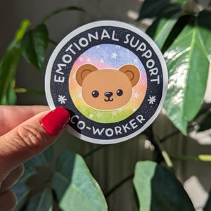 K&ouml;nnte beinhalten: Ein runder Aufkleber mit schwarzem Rand und wei&szlig;en Sternen. Der Aufkleber hat einen Regenbogen-Verlaufshintergrund mit einem braunen Comic-B&auml;ren in der Mitte. Der Text "Emotional Support Co-Worker" ist um den B&auml;ren herum geschrieben.