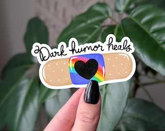 Dark Humor Heals Sticker: Rainbow Heart Bandage, Mental Health Vinyl