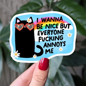 Sticker Je veux être gentil mais tout le monde m'ennuie, Sticker drôle de chat noir, Humour sur la santé mentale, Stickers humeur pour introvertis, Sticker pour ordinateur portable
