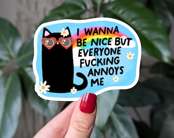 Funny Black Cat Sticker: Introvert Humor, Mental Health Mood