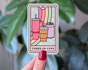 Three of Cups Sticker, Coffee Tarot Card Sticker, Cute Drink Sticker, Aesthetic Tarot Decal, Coffee Lover Gift, Witchy Cute Sticker