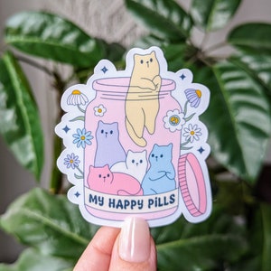 Sticker pilules heureuses, stickers chats drôles pour bouteille d'eau, cadeau amoureux des animaux pour soeur, cadeaux chat fou pour meilleur ami, sticker chaton