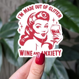 Sticker vin scintillant et anxiété, cadeaux humour noir, sticker femme rétro, idée cadeau santé mentale, sticker pour amateurs de vin