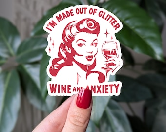 Adesivo de ansiedade com vinho brilhante: decalque de vinil de mulher retrô