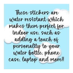 May include: These stickers are water resistant, making them perfect for indoor use, such as adding a touch of personality to your water bottle, phone case, laptop, and more!