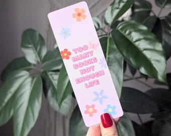 Te veel boeken, niet genoeg leven, esthetische bloemenbladwijzer voor boekenliefhebbers, schattige pastelkleurige bladwijzer, retro bladwijzer, grappige leesgrage cadeaus voor haar