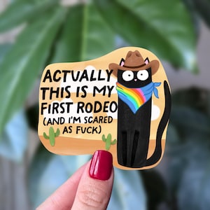 Cowboy Katze Erster Rodeo Aufkleber, Lustiger Mental Gesundheit Humor Aufkleber für Laptop, Niedlicher Angst Aufkleber für Wasserflasche, Journal Aufkleber