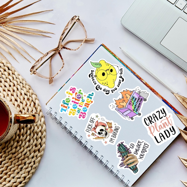 May include: A set of colorful stickers with various phrases and illustrations. The stickers include a lemon with glasses, a trash can on fire, a skull with a baking whisk, a bunch of lavender, and a plant with the text "Crazy Plant Lady".