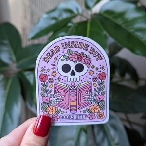 Dood van binnen, maar boeken helpen, stickers voor boeken voor laptop, boekcadeaus voor boekenliefhebbers, lezerscadeau, sticker booktrovert, booktok merch, smut