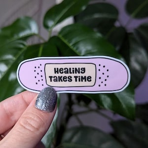 Pu&ograve; includere: Adesivo a forma di cerotto rosa con il testo "Healing Takes Time" in lettere nere.