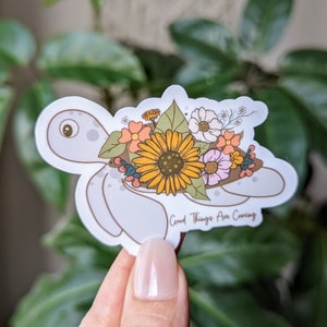 Les bonnes choses arrivent, autocollants tortues pour bouteille d'eau, autocollants floraux pour téléphone, cadeaux tortues mignons pour meilleure amie, cadeaux motivants