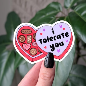 Sticker Je te tolère, autocollant drôle de Saint-Valentin, autocollant de boîte de chocolats coeur, autocollant en vinyle mignon pour ordinateurs portables et cadeaux