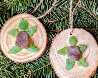 Sea glass turtle, sea glass ornaments for Christmas trees, wood slice ornaments, genuine sea glass, unique Christmas ornaments, beach lover