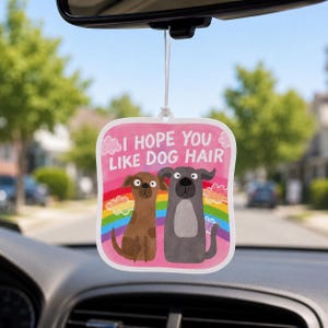 May include: A square car air freshener with rounded corners featuring a pink background, a colourful rainbow, and two illustrated dogs. The text "I HOPE YOU LIKE DOG HAIR" is printed in white at the top. The item hangs from a white string.