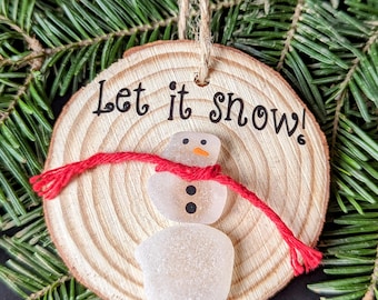 Sea glass ornaments, snowman Christmas ornaments, genuine sea glass, wood slice ornaments, unique holiday gift, Christmas tree decorations