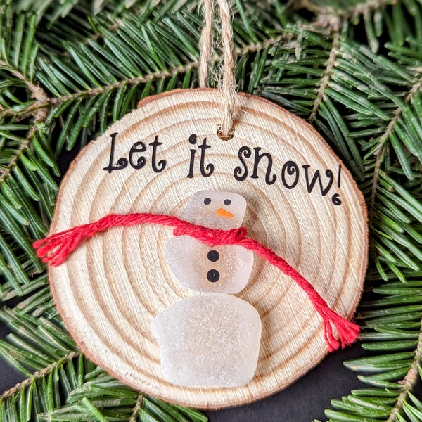 Sea glass ornaments, snowman Christmas ornaments, genuine sea glass, wood slice ornaments, unique holiday gift, Christmas tree decorations
