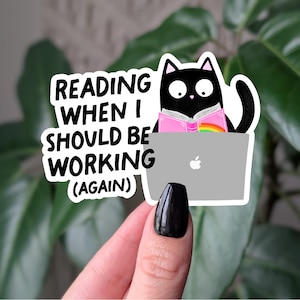 Sticker lecture quand je devrais travailler, sticker pour ordinateur portable mignon chat livresque, cadeau drôle pour amateur de livres, cadeau livresque pour amoureux des chats, cadeau lecteur