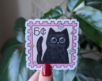 Cute black cat sticker, stamp stickers for journal, cute gift for cat lovers, kitten stickers for laptop, pet stickers for journalling
