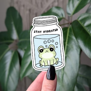 Reste hydraté autocollant vinyle grenouille, sticker grenouille mignon, sticker grenouille rigolote dans un bocal, cadeau sticker grenouille kawaii